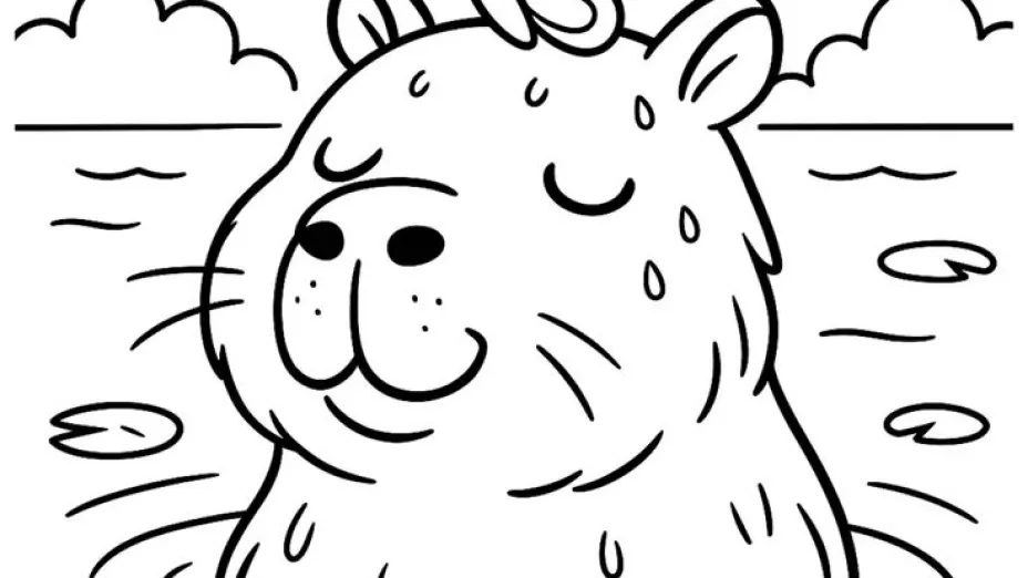 Dibujo capibara adorable en el agua bañándose para colorear