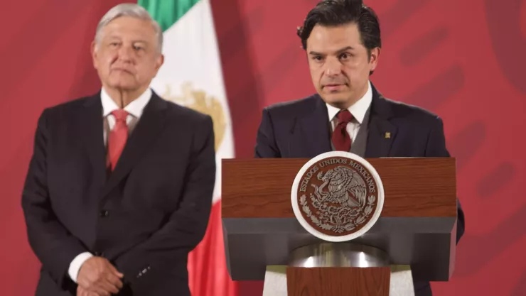 Andrés Manuel López Obrador, presidente de México y Zoé Robledo Aburto, director general del Instituto Mexicano del Seguro Social (IMSS), durante conferencia matutina en el Palacio Nacional