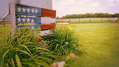 La bandera de Estados Unidos pintada sobre madera, rodeada de pequeñas plantas y flores, a metros de un silo del pueblo de Ashmore