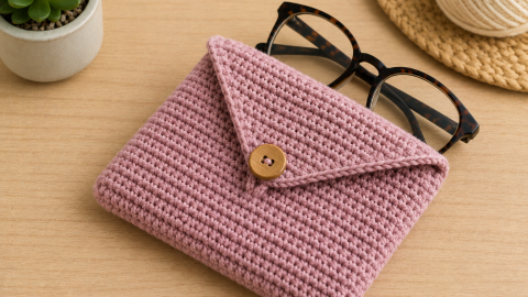 Funda para lente de crochet con solapa y botón