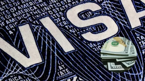 Imagen de primer plano de una visa americana y de billetes de dólares.