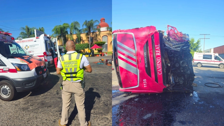 Autobús termina volcado tras ganarle el paso a tren en Colima