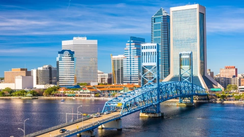 Postal de Jacksonville, Florida, atardecer sobre el río St. Johns