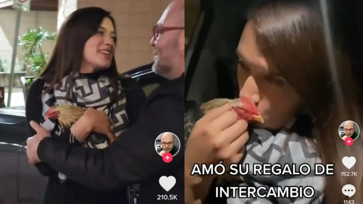 Mujer recibe gallo en intercambio navideño.