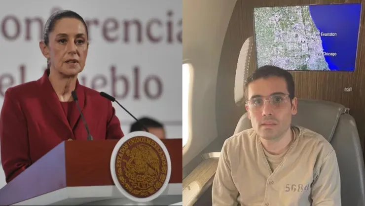 Sheinbaum durante conferencia matutina y ovidio guzman tras ser detenido