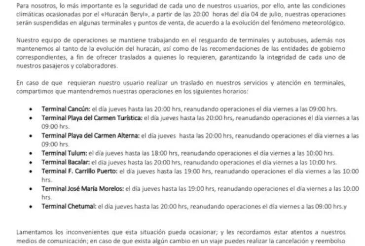 ADO emite comunicado oficial sobre la suspensión de viajes por la llegada del huracán Beryl