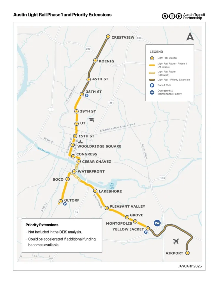 Ruta del light rail propuesta por Austin Transit Partnership