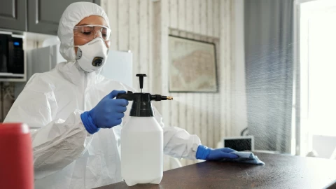 Persona desinfectando superficie
