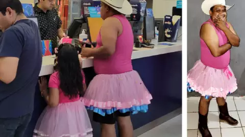 hombre usa tutu rosa para llevar a su hija a ver Barbie