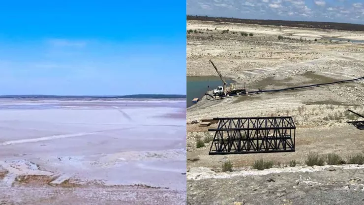 Sin agua, ya se secó la presa Cerro Prieto en Nuevo León, México.