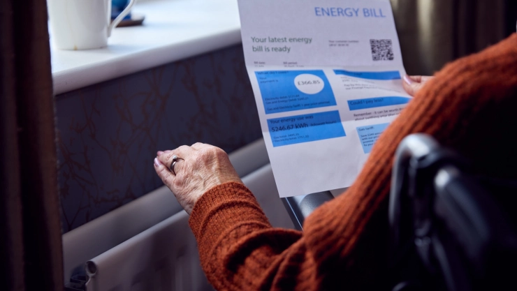 Una mujer revisa la factura de energía al lado de la calefacción.