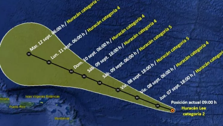Trayectoria del huracán Lee en el Atlántico hacia El Caribe, amenaza con llegar a ciclón categoría 5