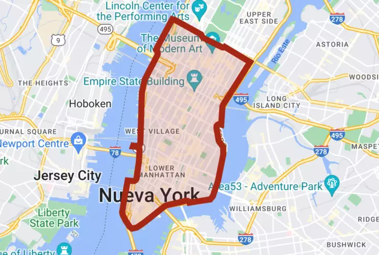 En rojo, el área donde se comenzará a cobrar peaje en Nueva York