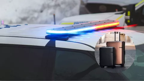 Imágenes de patrulla de policía y de maletas de viaje.