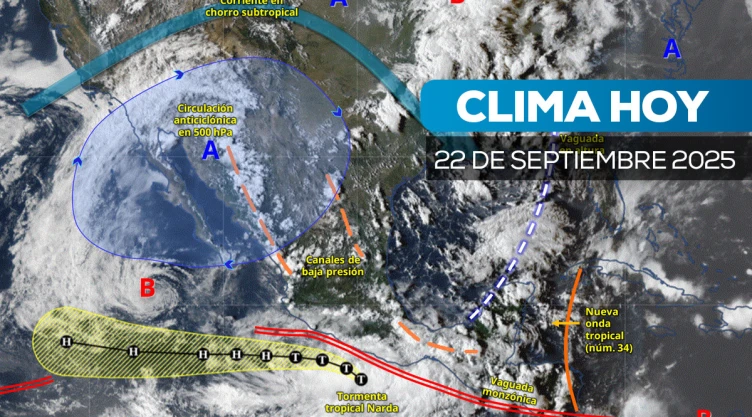 Imagen satelital de cómo estará el clima en México este 22 de septiembre de 2025.