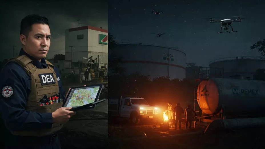 Ilustración del esquema de robo de petróleo (huachicol) de PEMEX por cárteles mexicanos como el CJNG, con oleoductos intervenidos y camiones cisterna, vinculado al lavado de dinero y sanciones de la OFAC, según informe DEA 2025.