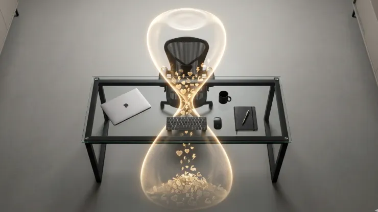 Una composición conceptual de alta gama. Un escritorio de oficina moderno visto desde arriba; la silla de oficina está en el centro de un reloj de arena gigante hecho de luz. La arena que cae son pequeños iconos digitales de salud (corazones, rayos de energía) que se desvanecen al llegar al fondo.