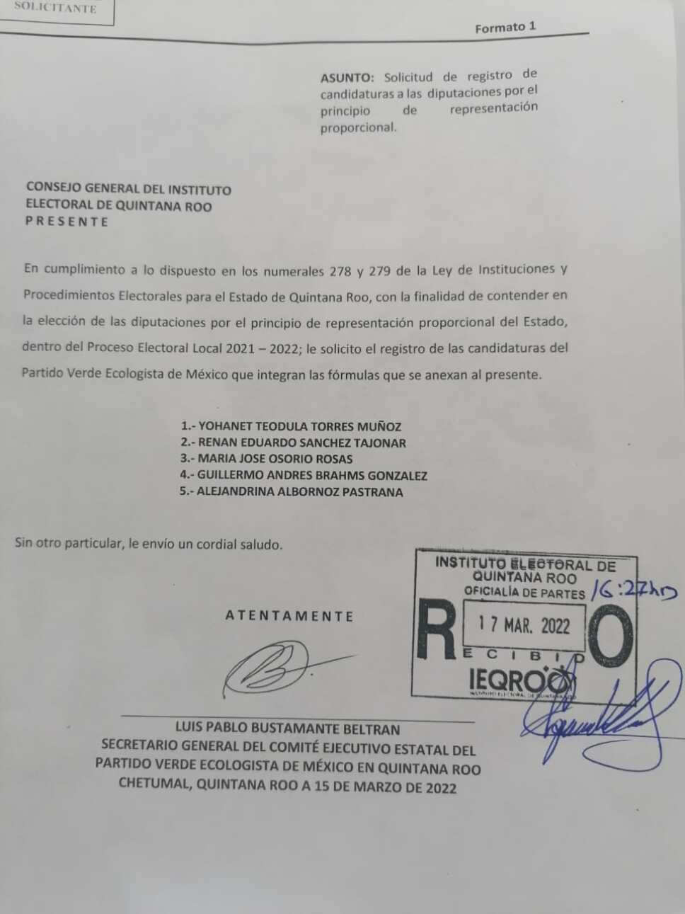 Acta Partido Verde registra a Yohanet Torres ante el IEQROO