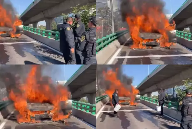 Incendio de un auto en Periférico Sur CDMX