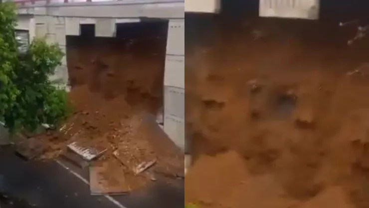 VIDEO | ¡Se registra otro derrumbe en San Pedro! Cae la pared de un puente vehicular
