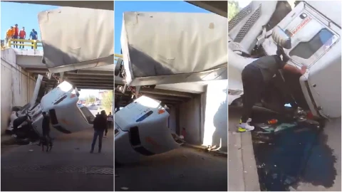 Un tráiler quedó colgando de un puente en la México-Querétaro.