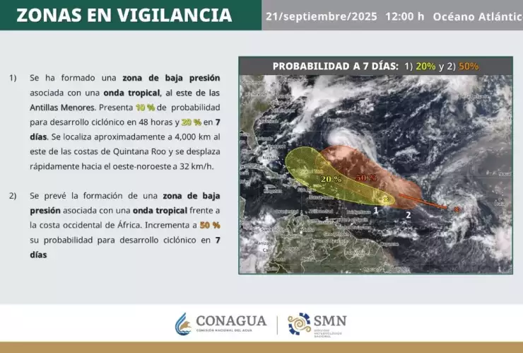 Conagua vigila dos zonas de baja presión que avanzan por el Atlántico