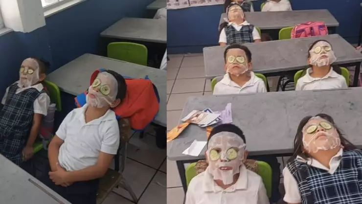 Maestra combate la ola de calor en México poniendo mascarillas faciales a sus alumnos