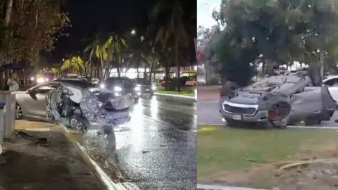 Brutal accidente en la zona hotelera de Cancún deja camioneta volcada y otro auto perdida total; ¿hay lesionados?