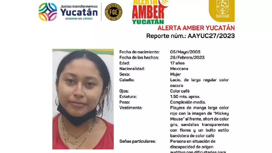 Activan Alerta Amber por desaparición de adolescente en Yucatán