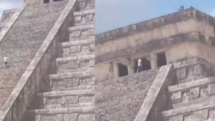 Hombre escala la pirámide de Chichén Itzá y desata polémica