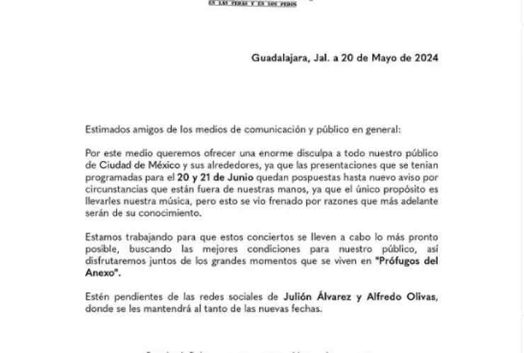 Comunicado sobre el concierto de Prófugos del Anexo en CDMX.