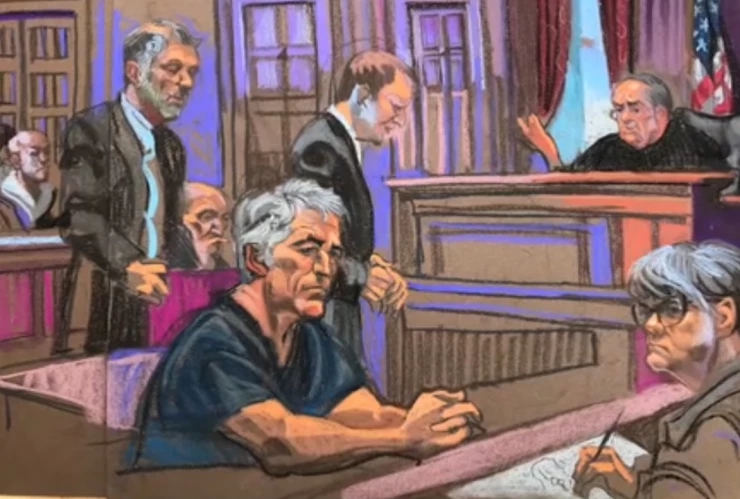 Sketch de Jeffrey Epstein en su comparecencia