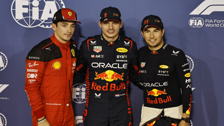 Leclerc, Verstappen y Checo Pérez