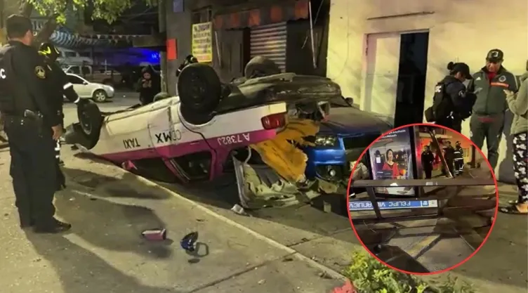 Accidente en Eje Central: Taxi vuelca y destruye parada del Trolebús CDMX