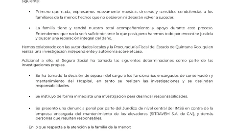 IMSS separa de su cargo a funcionaros por muerte de niña en elevador de hospital -comunicado