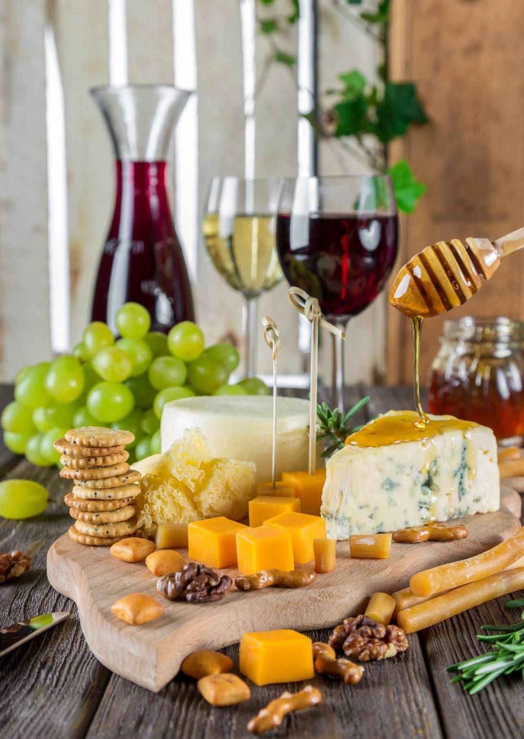 Alimentos como queso y vino