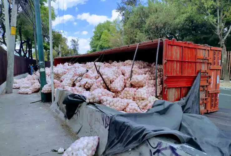El tráiler que transportaba cebolla aparentemente circulaba a exceso de velocidad en una curva cuando volcó sobre su lado izquierdo