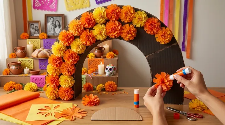 Arco de flores de cempasúchil simulado