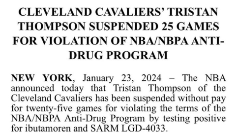 Suspenden 25 juegos a Tristan Thompson, dio positivo a drogas