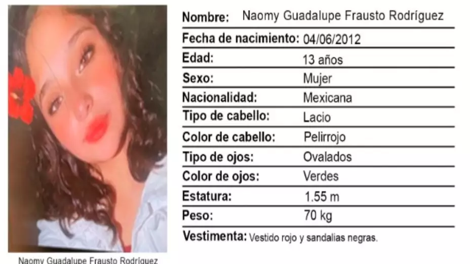 Activan Alerta Amber en Guanajuato por desaparición de dos menores. En la imagen se observa la ficha de búsqueda de Naomy Frausto Rodríguez, menor desaparecida en León.