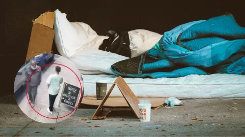 Foto de indigente durmiendo entre cartones y captura de pantalla de asesinato de joven en Antioquia, Colombia, el 11 de agosto de 2025.