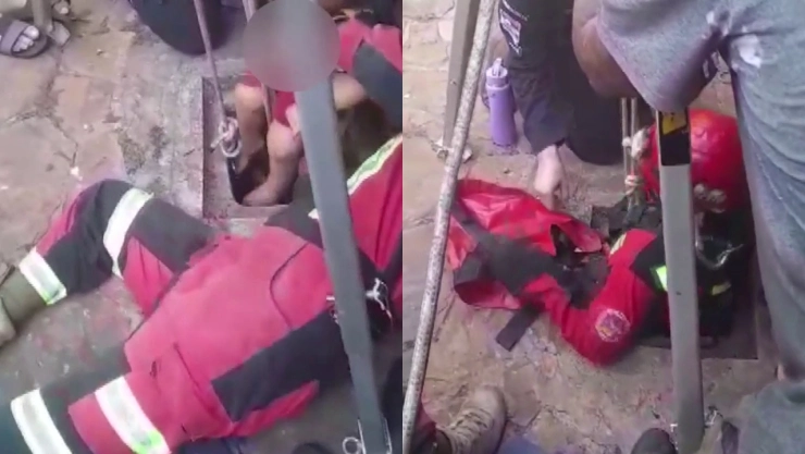 Bomberos rescataron al niño que cayó a la fosa séptica.