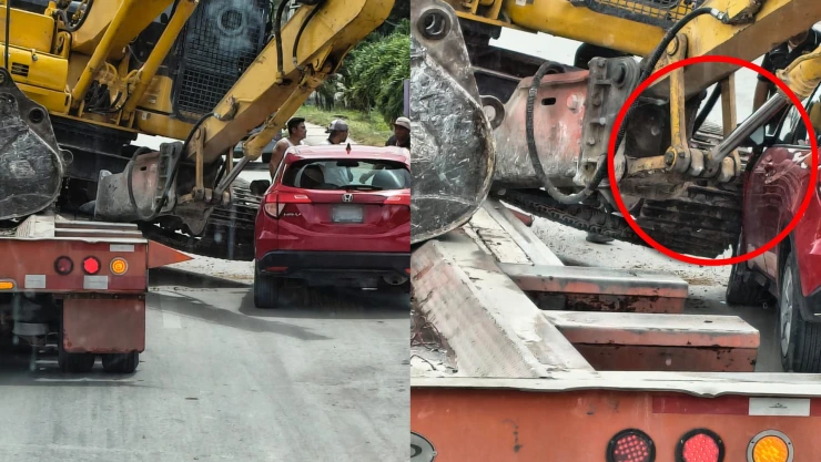 ¡IMPACTANTE! Excavadora se resbala de tráiler y causa 4cc1d3nt3 contra vehículo en la Av. López Portillo en Cancún