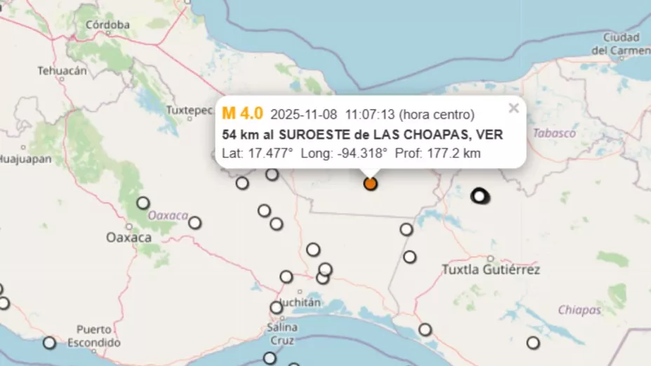 Sismo en Las Choapas, hoy 8 de noviembre 2025