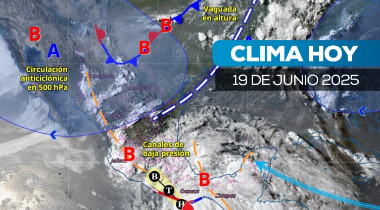 Mapa satelital de cómo estará el clima en México este 19 de junio de 2025.