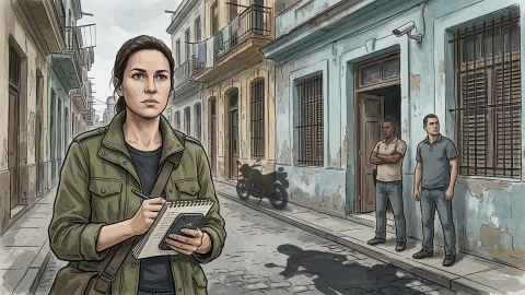 Ilustración periodística realista de una calle en La Habana, Cuba, con un ambiente tenso y gris… en primer plano, una periodista independiente sostiene una libreta y un teléfono celular dañado, mientras observa hacia el frente con expresión seria… al fondo, dos agentes de seguridad vestidos de civil vigilan frente a una vivienda modesta con rejas… alrededor, detalles que sugieren censura y vigilancia: una cámara de seguridad, sombras de patrullaje, una puerta entreabierta y un ambiente de hostigamiento.