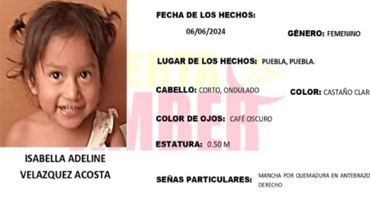 Reportan como desaparecida en Puebla a la niña Isabella Adeline Velázquez