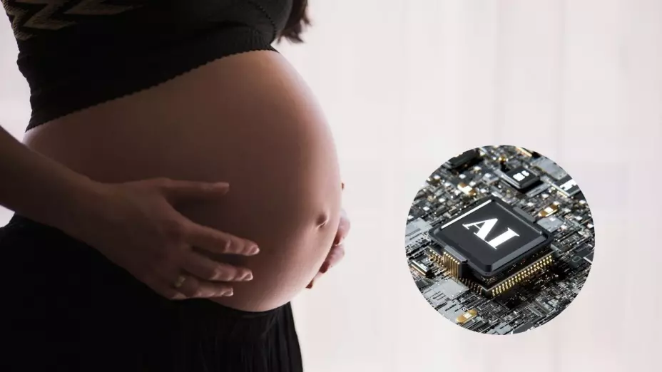 Imagen del vientre de una mujer embarazada y de un chip con las siglas AI.