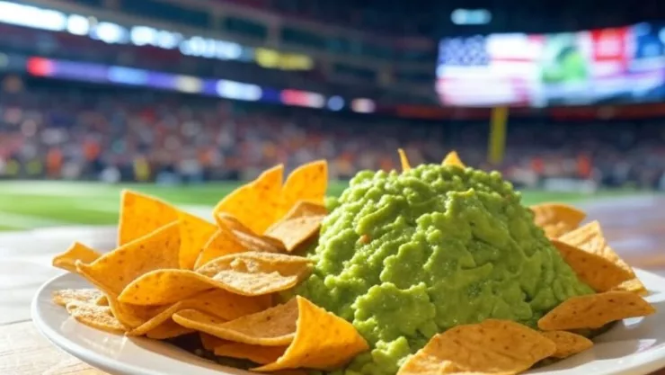 Un delicioso plato de aguacate con nachos y de fondo el partido del Super Bowl.