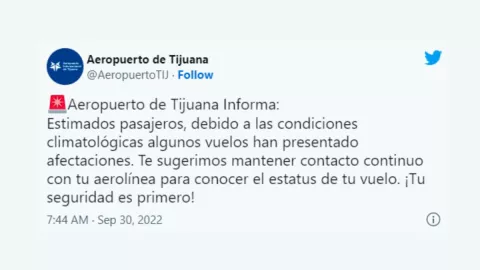 Aeropuerto de Tijuana reporta afectaciones en vuelos por el clima